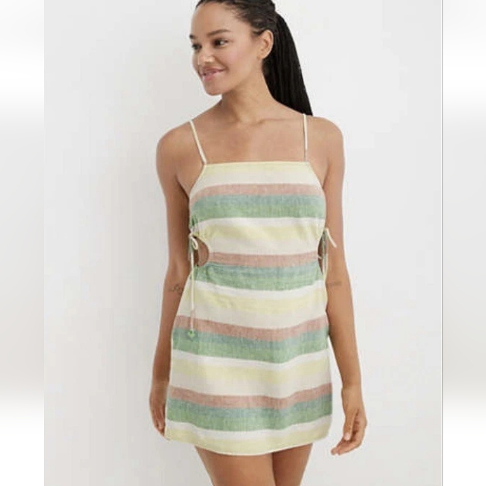 Aerie Linen Blend Cut Out Smocked Striped Mini Dress Size XL